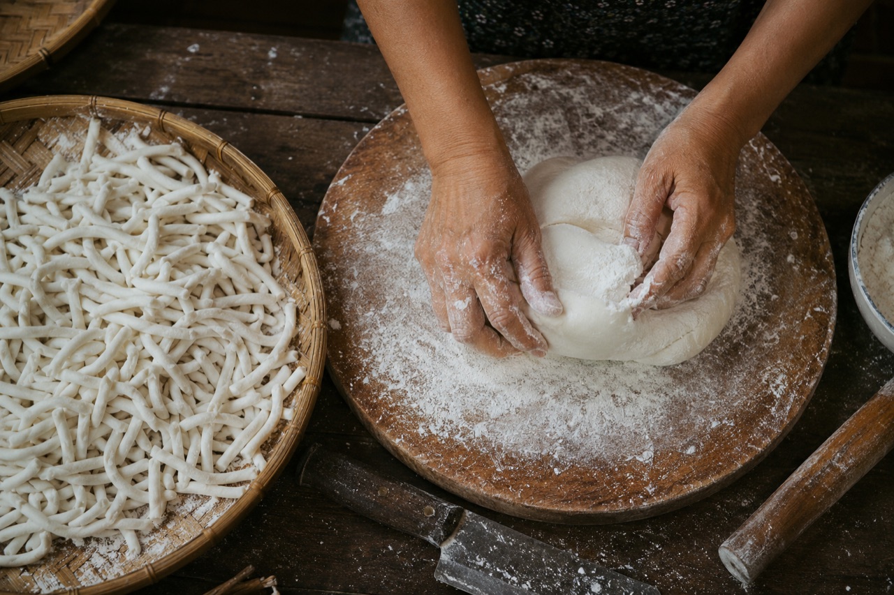 Hai bàn tay nhồi khối bột trắng trên thớt gỗ rắc bột khô, bên cạnh là mẹt tre đầy sợi bánh canh ngắn vừa xắt xong