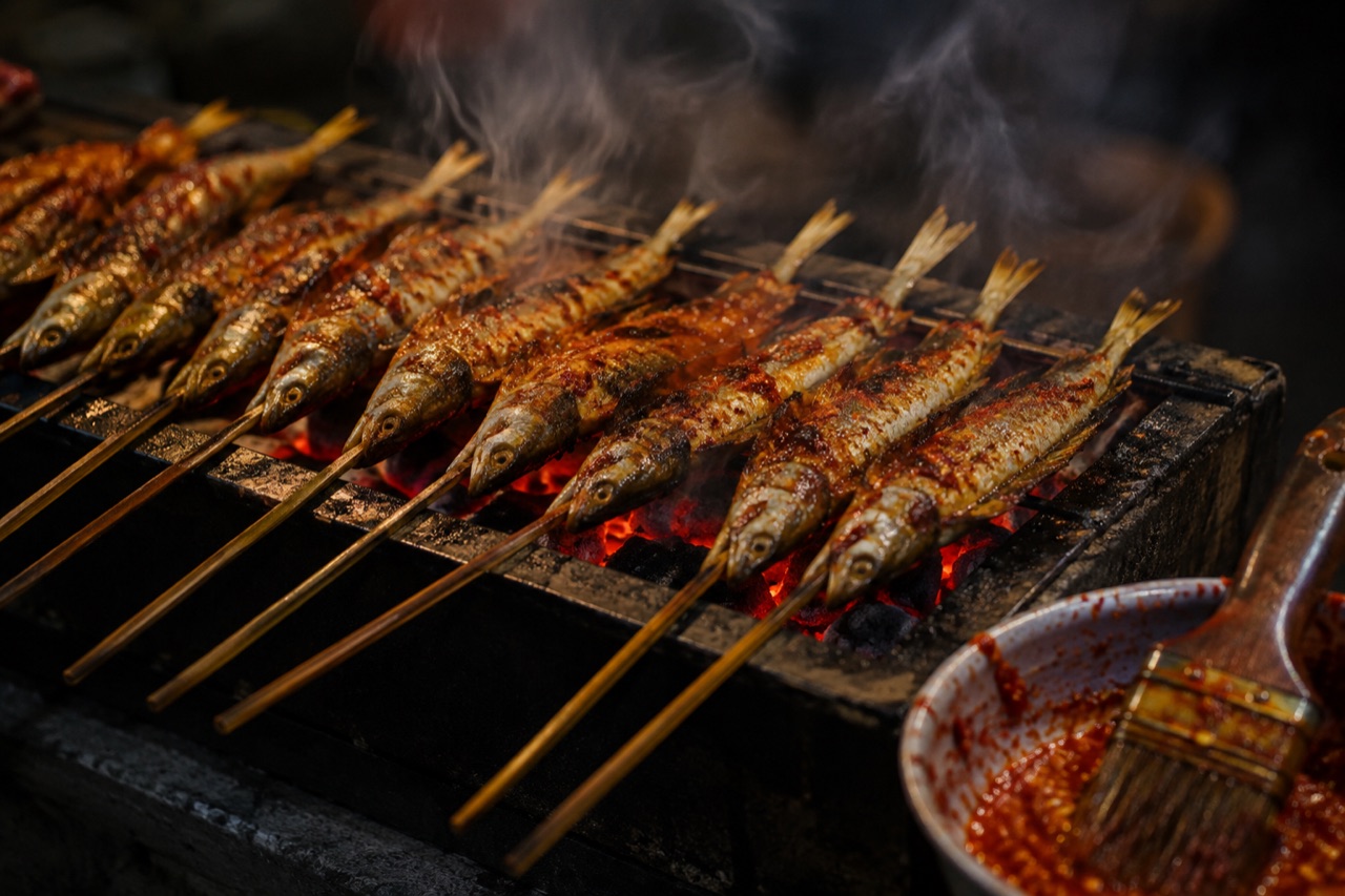 Một hàng cá kèo xiên que trúc đang nướng trên bếp than hồng, da sém từng đốm, quết muối ớt đỏ, khói mỏng bốc lên