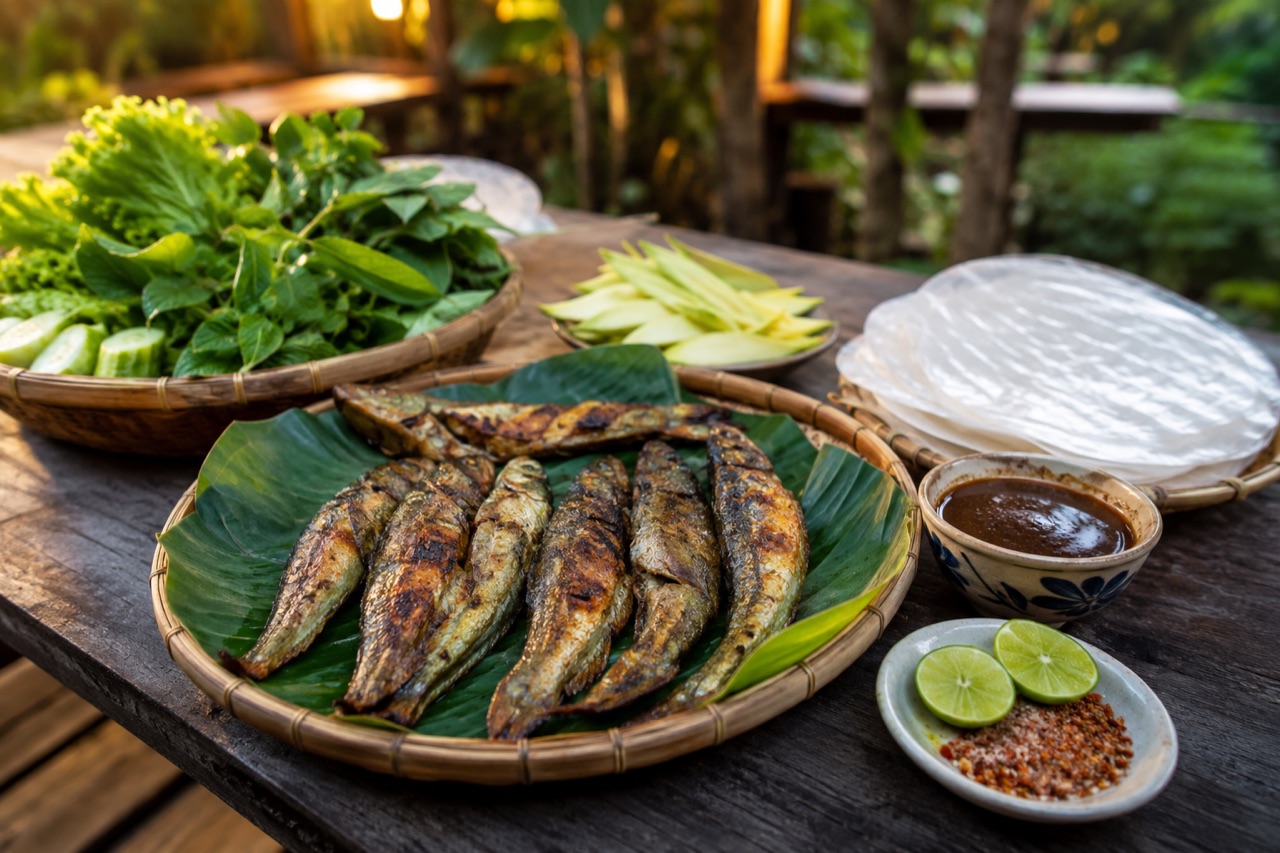 Dĩa cá kèo nướng bày trên lá chuối, quanh có rổ rau sống, xoài xanh xắt sợi, xấp bánh tráng, chén mắm me và dĩa muối ớt chanh