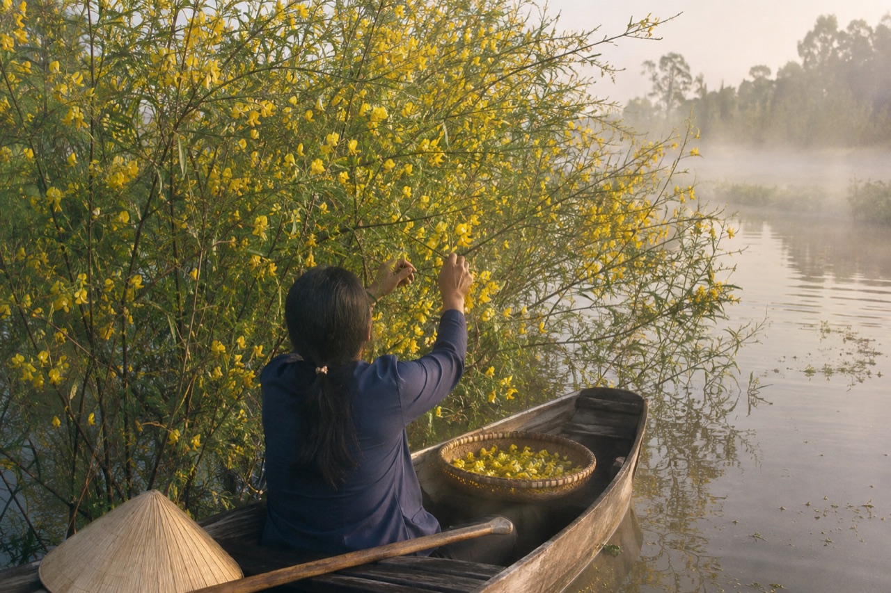 Người ngồi trên xuồng gỗ giữa bụi điên điển trổ bông vàng đang ngập nước, sương sớm trên mặt kinh