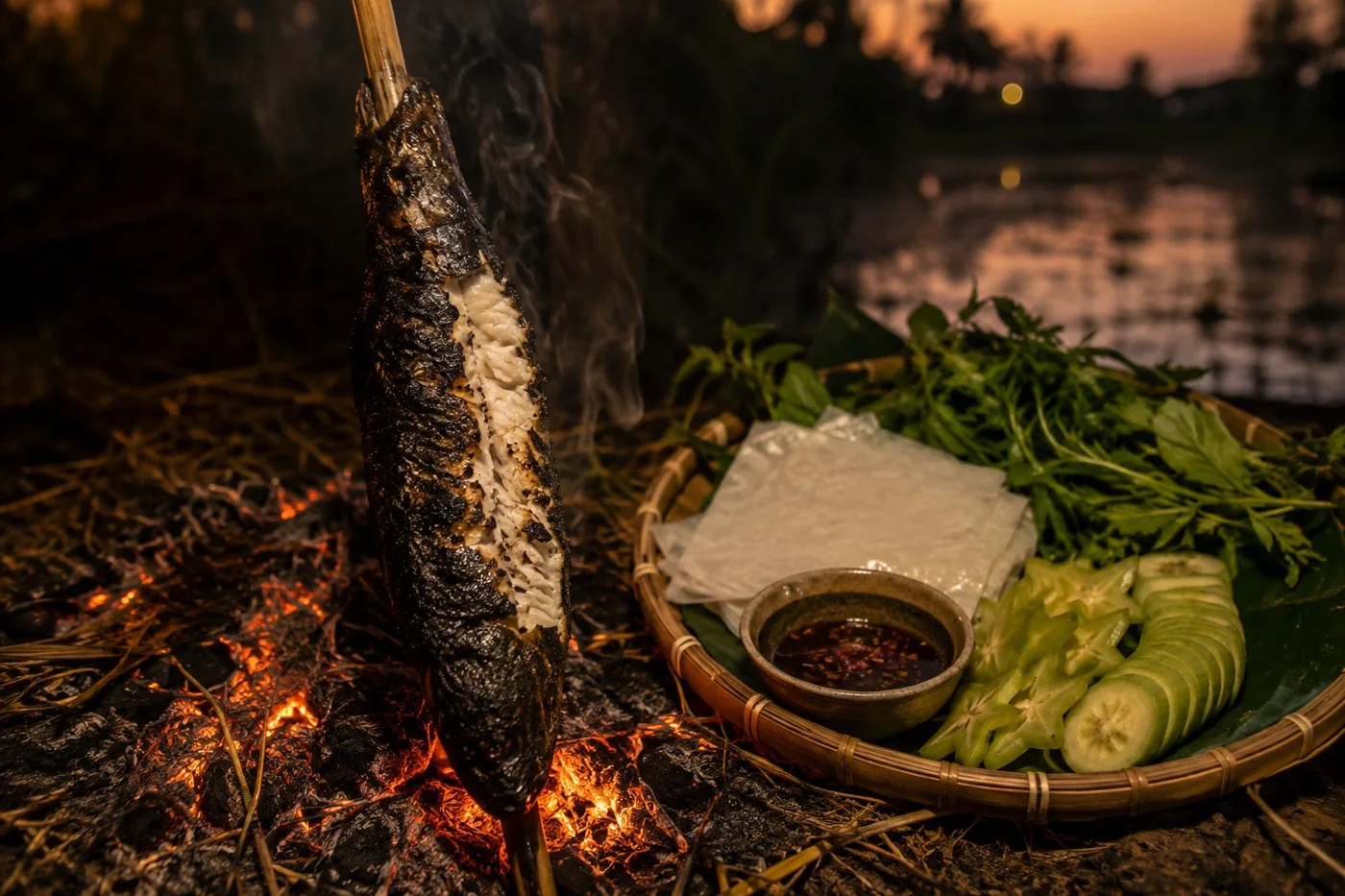 Cá lóc để nguyên con, xiên que tre, phủ rơm đốt. Cạo lớp vảy cháy đen là lộ thịt trắng bên trong.