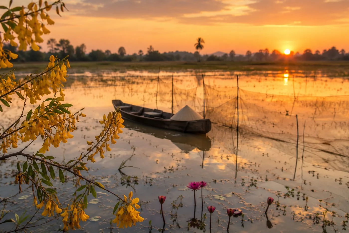 Mùa nước nổi tràn đồng miền Tây, bông điên điển vàng bờ ruộng. Nước về là cá về.