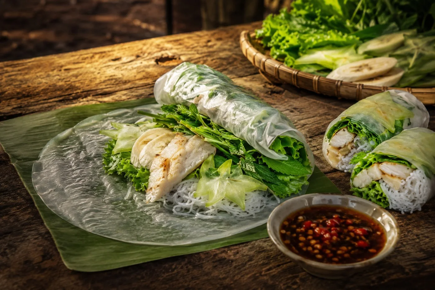 Thịt cá gỡ ra cuốn bánh tráng với rau vườn, khế chua, chuối chát, chấm mắm me.