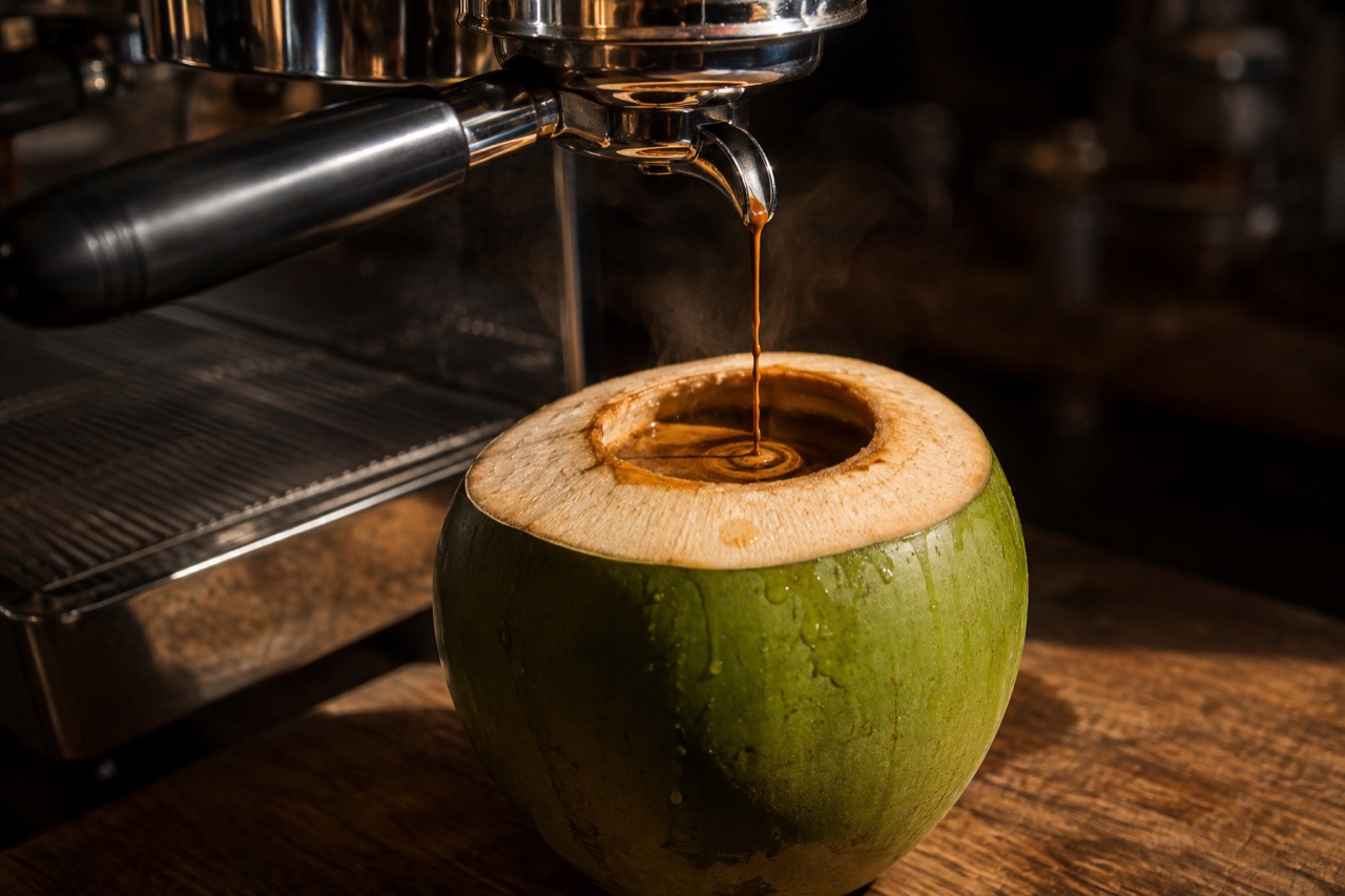 Vòi máy espresso rót cà phê thẳng vô miệng trái dừa xiêm xanh đã uống vơi