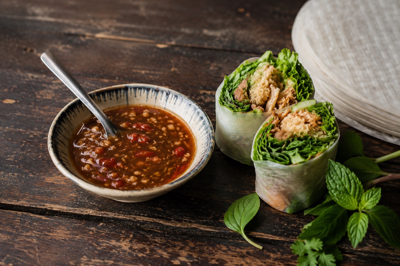 Chén mắm me sánh với tỏi ớt băm, bên cạnh là cuốn bánh tráng cắt đôi thấy rõ cá và rau bên trong