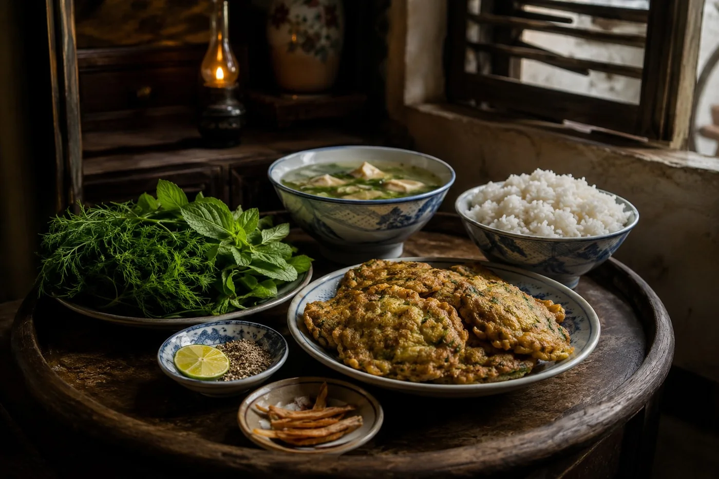 Mâm cơm cuối thu xứ Bắc: chả rươi, chén muối tiêu chanh, vài lát vỏ quýt để bên.