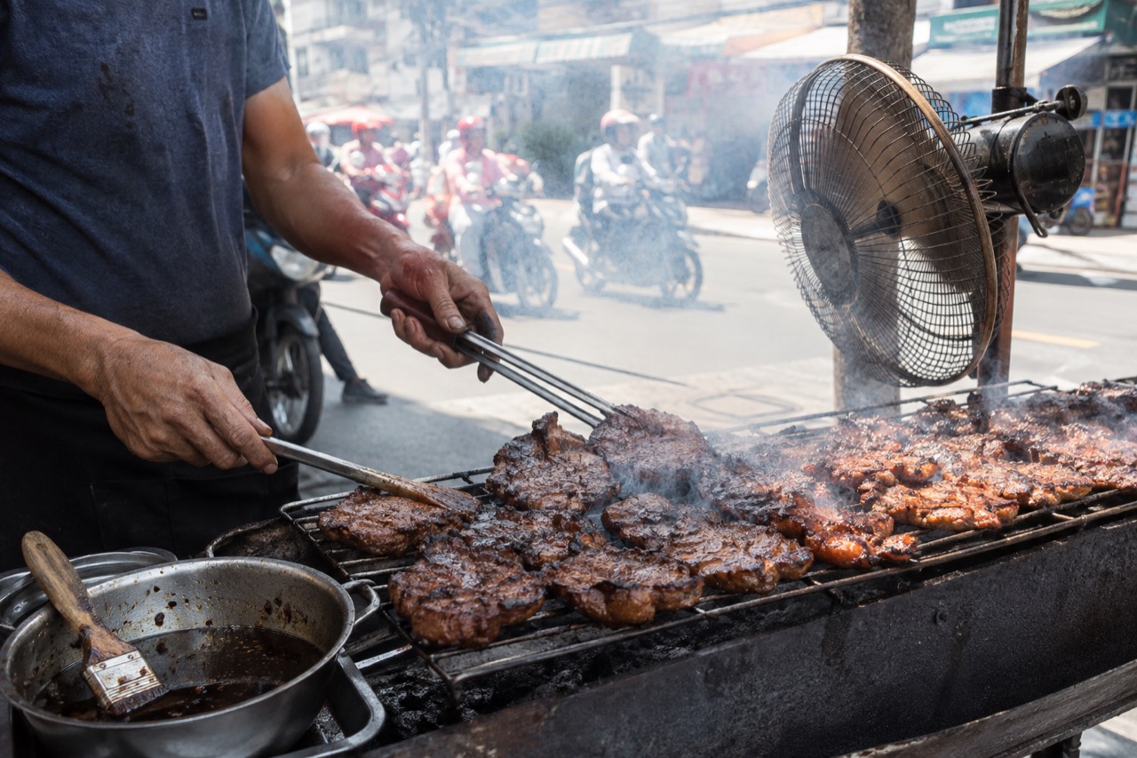 Người bán trở sườn cốt lết trên lò than dài đặt ngoài vỉa hè Sài Gòn, khói bốc mù, quạt máy kẹp cột thổi ngang mặt than
