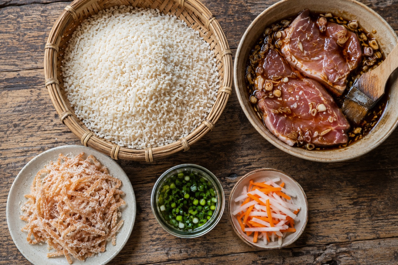 Rổ tre đựng gạo tấm hạt gãy, kế bên là tô sườn cốt lết ướp nước sánh, chén bì trộn thính, hũ mỡ hành và dĩa đồ chua