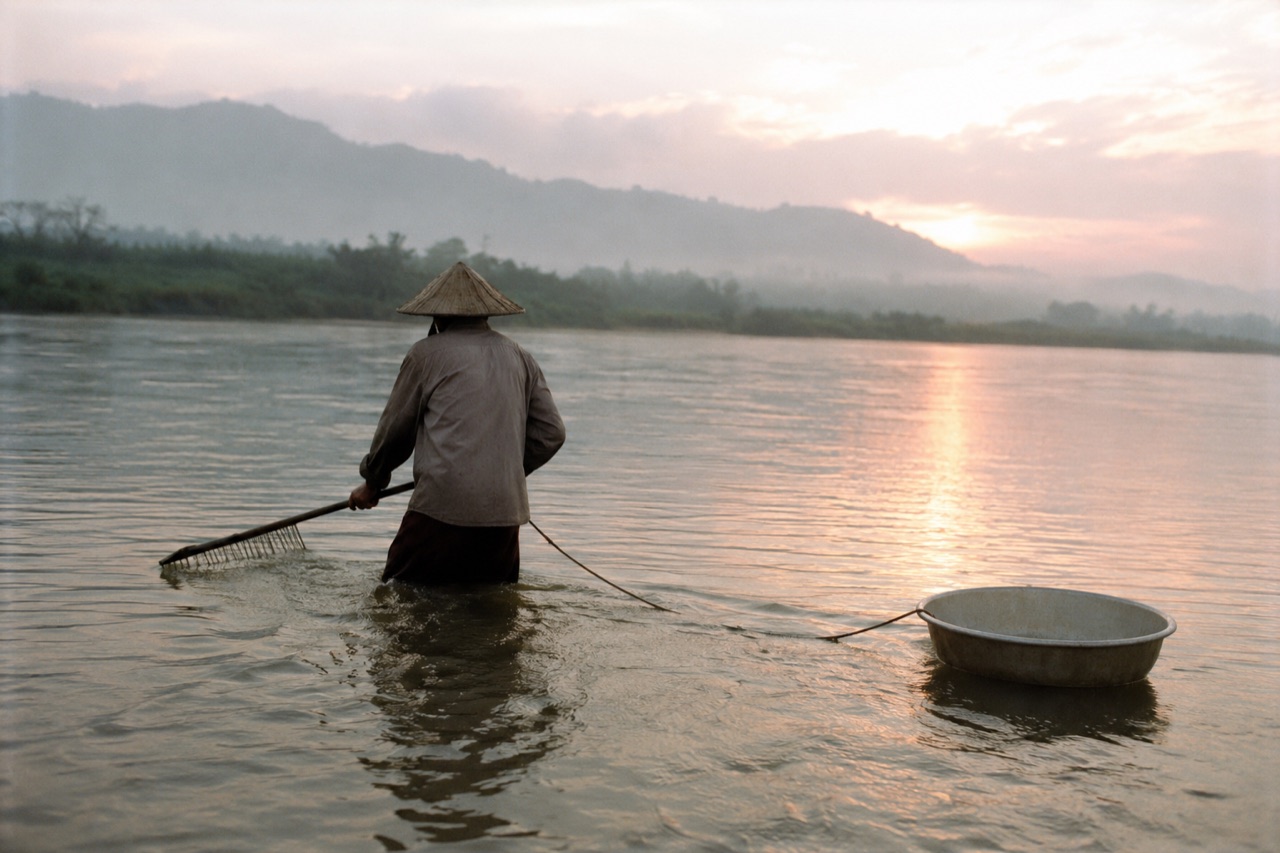 Người cào don lội nước ngang bụng, kéo cào trên sông Trà Khúc lúc trời vừa sáng