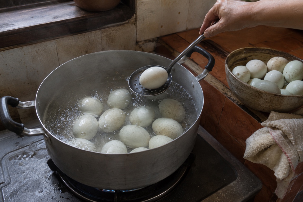 Nồi nhôm luộc hột vịt lộn trên bếp, hột nằm một lớp trong nước sôi, cái vá lưới đang thả thêm một trái, tô hột sống để bên