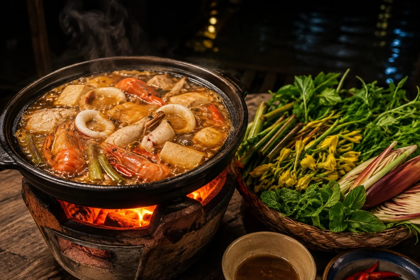 Nồi lẩu mắm sôi trên bếp than, bên cạnh là rổ bông điên điển, bông súng của mùa nước.