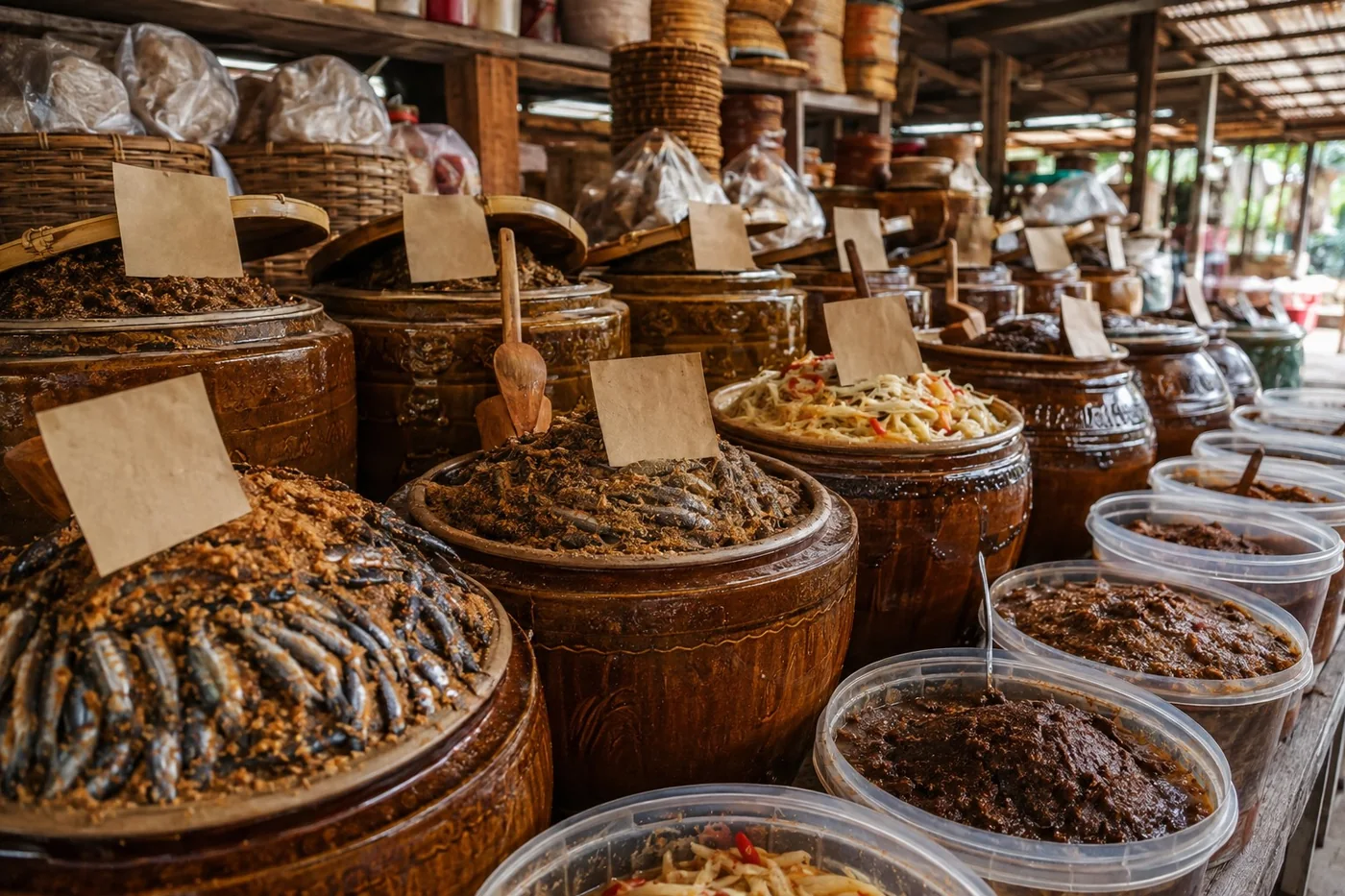 Sạp mắm miền Tây: mắm cá linh, mắm cá sặc, mắm thái… mỗi khạp một kiểu ủ.