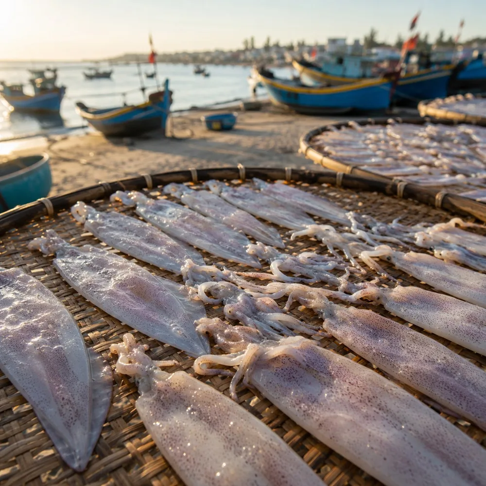 Mực một nắng phơi trên vỉ tre ở làng chài Mũi Né