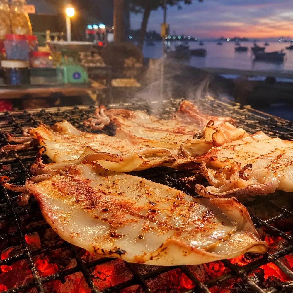 Mực một nắng nướng trên bếp than, cạnh mực cong vàng