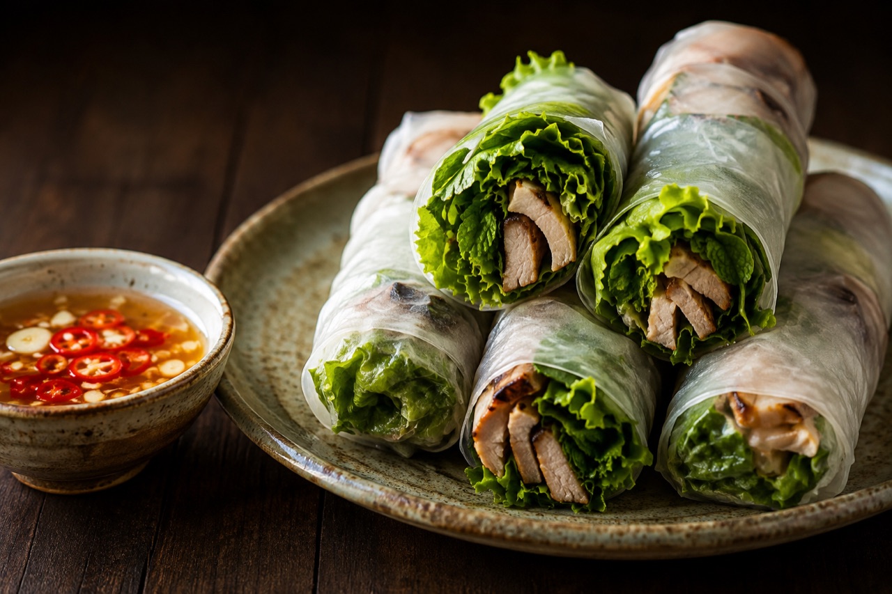 Cuốn bánh tráng với rau sống và thịt, chấm nước chấm