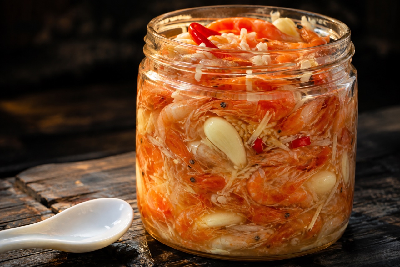 Hũ tôm chua Huế mở nắp, tôm đỏ au nằm trong nước sánh với riềng xắt sợi, tỏi lột và ớt đỏ