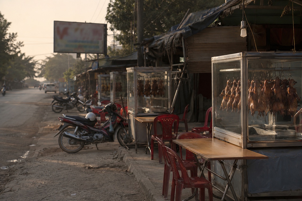 Dãy quán vịt quay dọc đường tỉnh, tủ kính treo vịt, bàn ghế nhựa và xe máy dựng ngoài lề