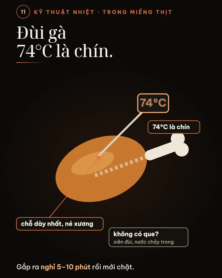 Que đo cắm vô chỗ dày nhất của đùi gà, né xương, mặt số chỉ 74 độ C là chín
