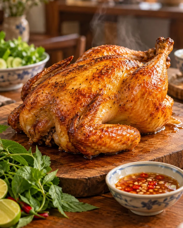 Con gà nướng nguyên con da vàng nâu đều nằm trên thớt gỗ, bên cạnh có chén nước mắm ớt và dĩa rau thơm