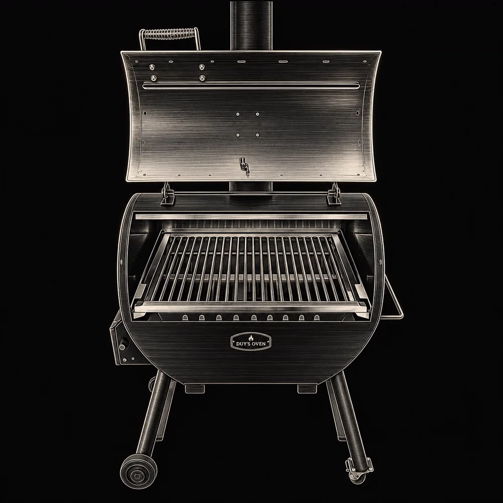 Tranh nét lò nướng than tách khói Duy's Oven mở nắp, vỉ inox phủ kín miệng lò, ống khói phía sau