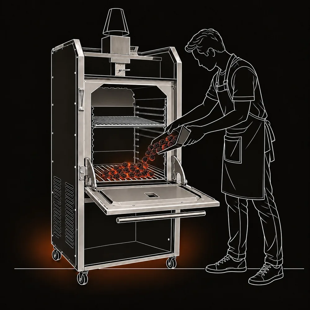 Người dùng đổ than lên vỉ than của lò FastGrill