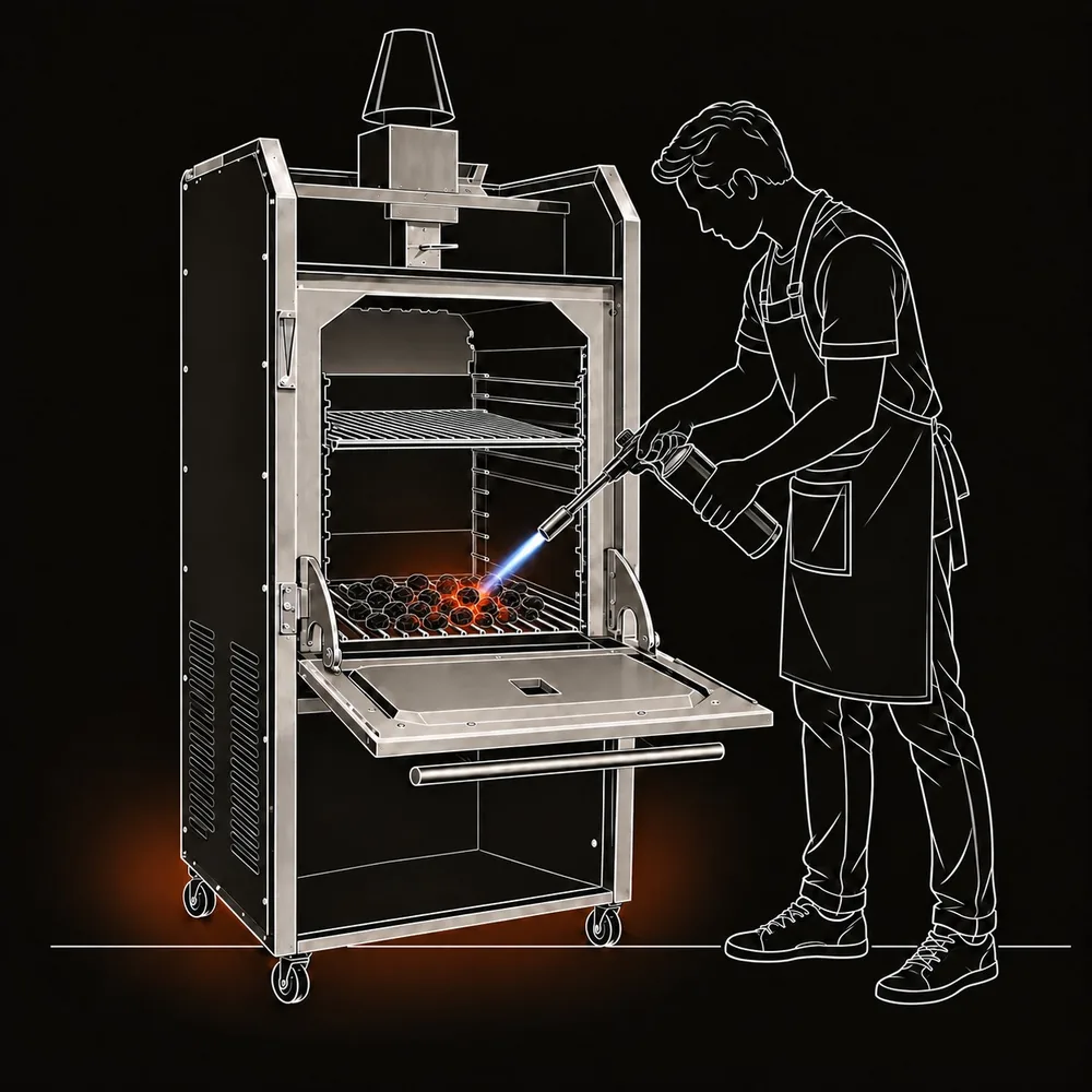 Người dùng mồi than bằng khò gas trên vỉ than lò FastGrill