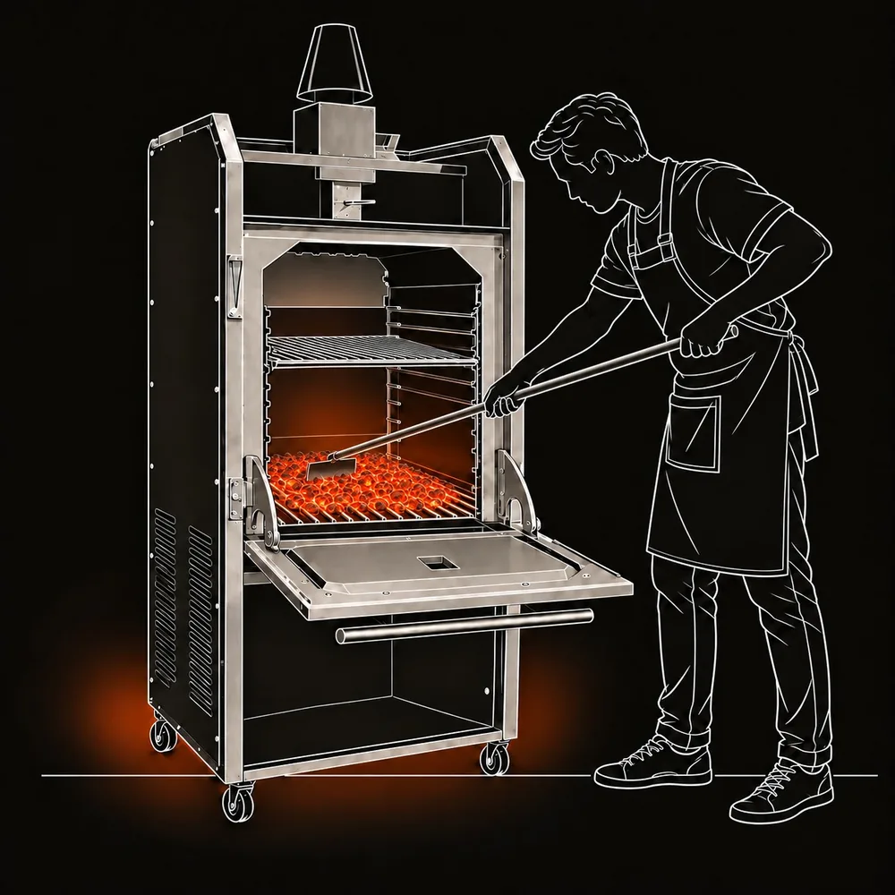 Người dùng gạt than đỏ thành lớp đều trên vỉ than lò FastGrill