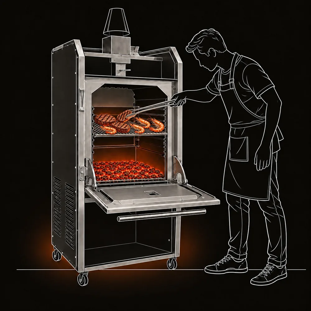 Người dùng nướng bò và hải sản trên vỉ lò FastGrill, tay chỉnh van gió