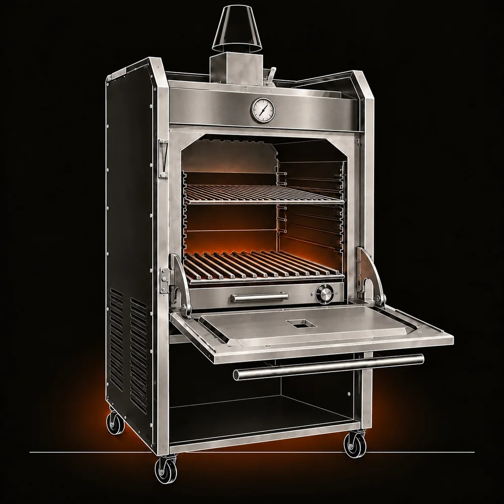 Sơ đồ cấu tạo lò FastGrill: ống khói, vỉ nướng, vỉ than, cửa lò, khay tro