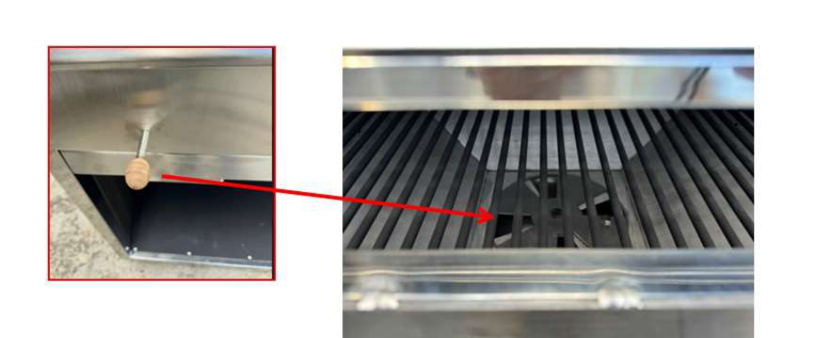 Cần thông hơi phía dưới lò FastGrill và góc nhìn xuyên qua vỉ, có mũi tên đỏ chỉ vị trí