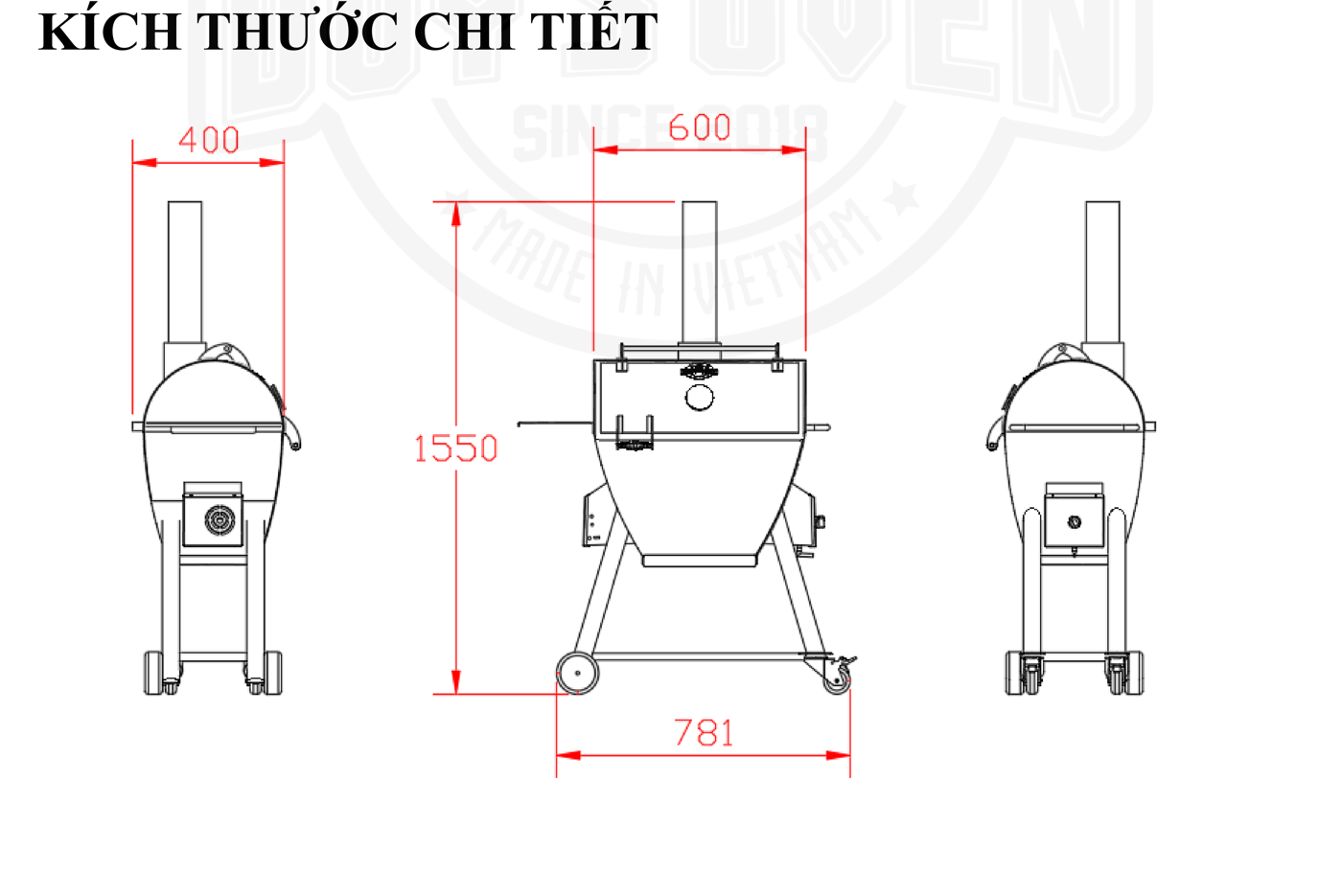 Bản vẽ kích thước lò 600x400x1550mm, chiều cao chân 781mm