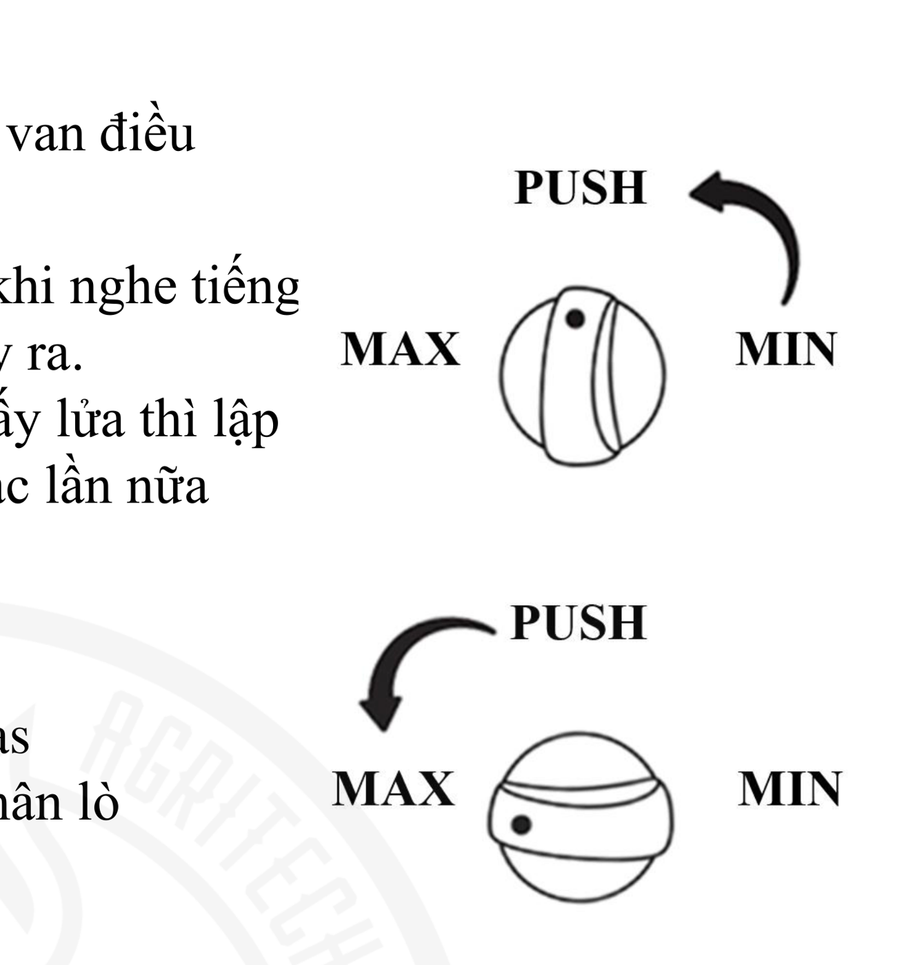 Núm điều khiển gas với các vị trí PUSH, MAX, MIN