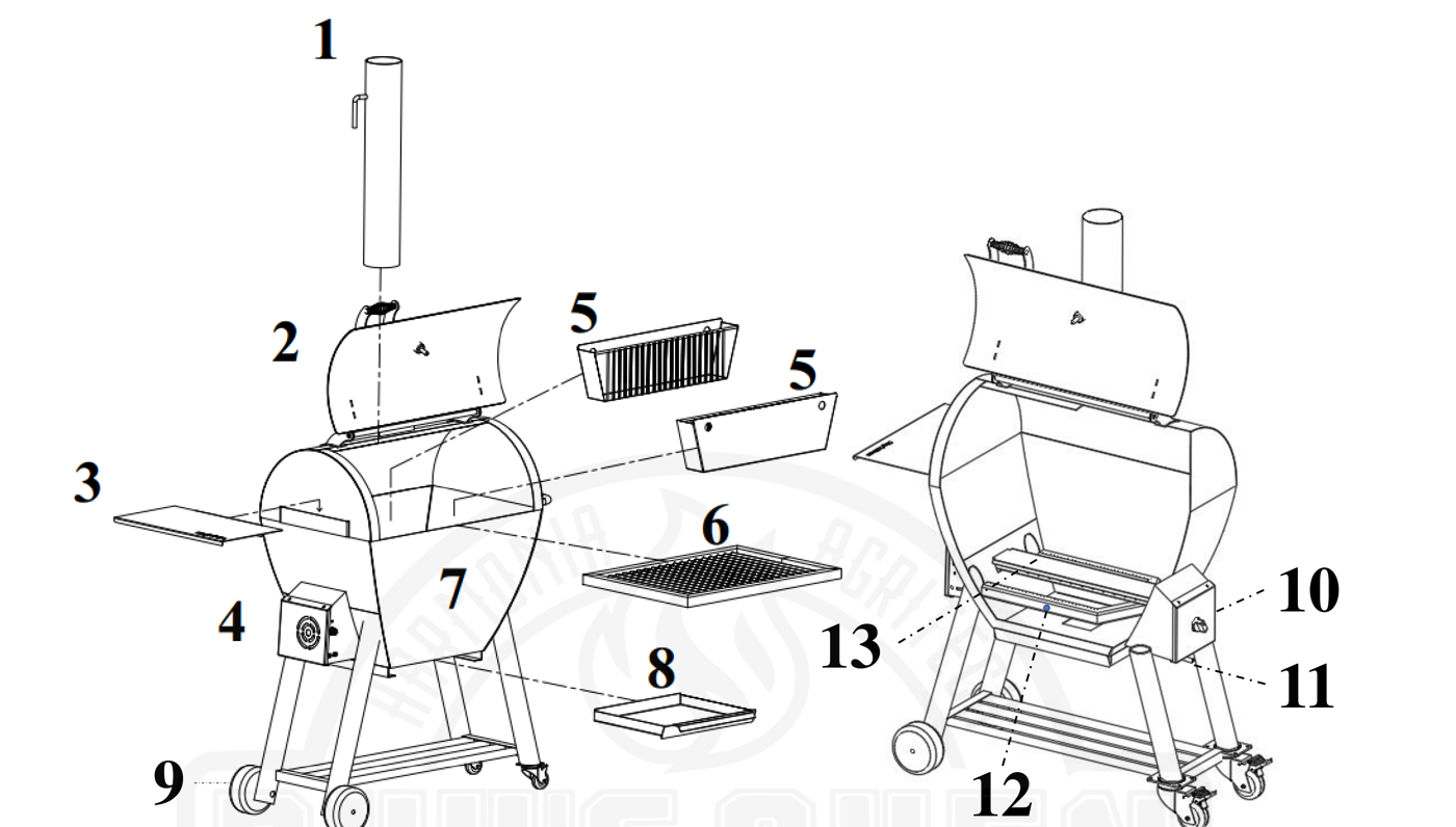 Sơ đồ bộ phận Lò Than & Gas Tách Khói 65L, hai góc nhìn, đánh số 1–13