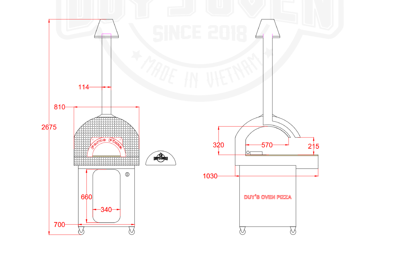 Bản vẽ kích thước Lò Nướng Pizza Gas Mini, tổng cao 2675 mm kèm ống khói