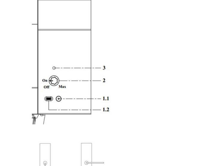 Mặt điều khiển quạt lò Pantina: jack DC 1.1, cổng USB-C 1.2, núm chỉnh quạt 2, đèn LED 3