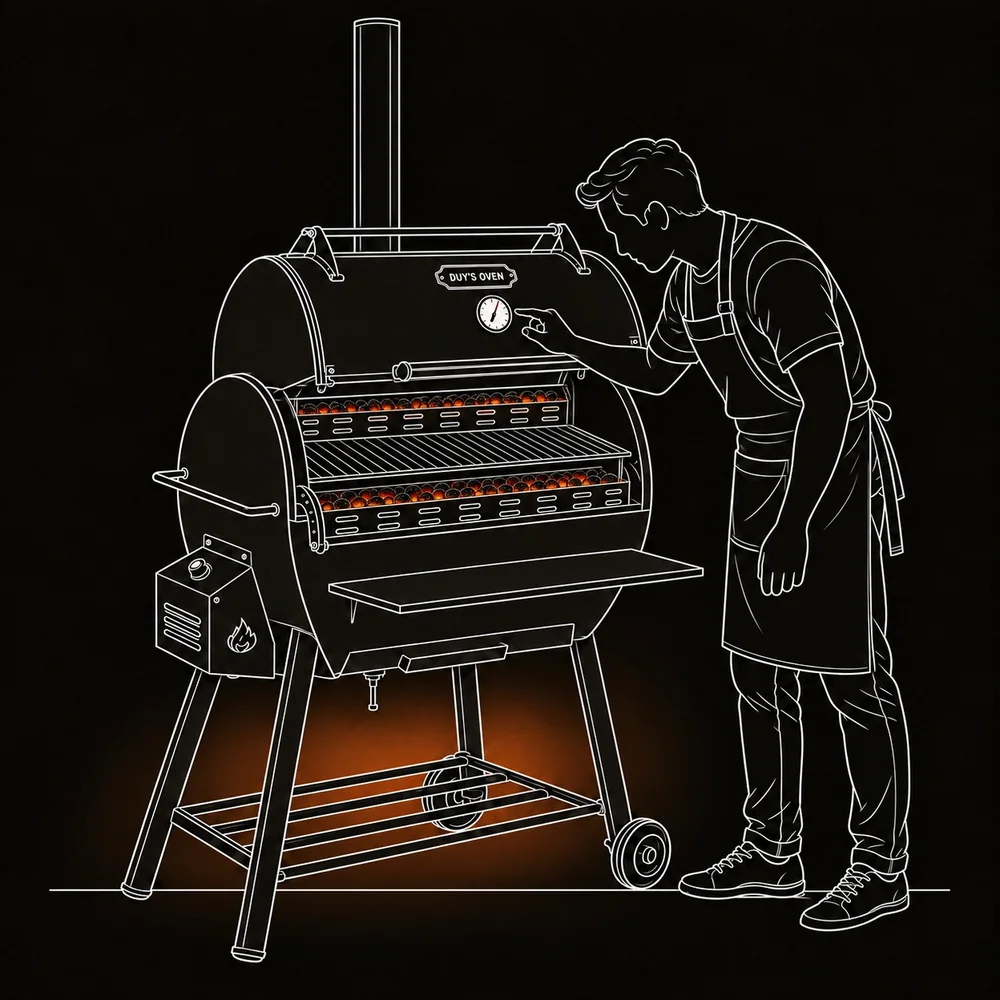 Người dùng xem đồng hồ nhiệt trên nắp, than trong hai hộc đỏ đều