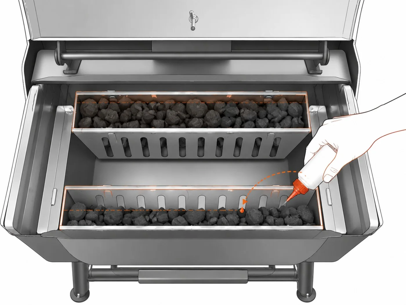 Đổ cồn xuống đáy hai hộc than dọc, xếp than: hộc sau đầy, hộc trước một nửa