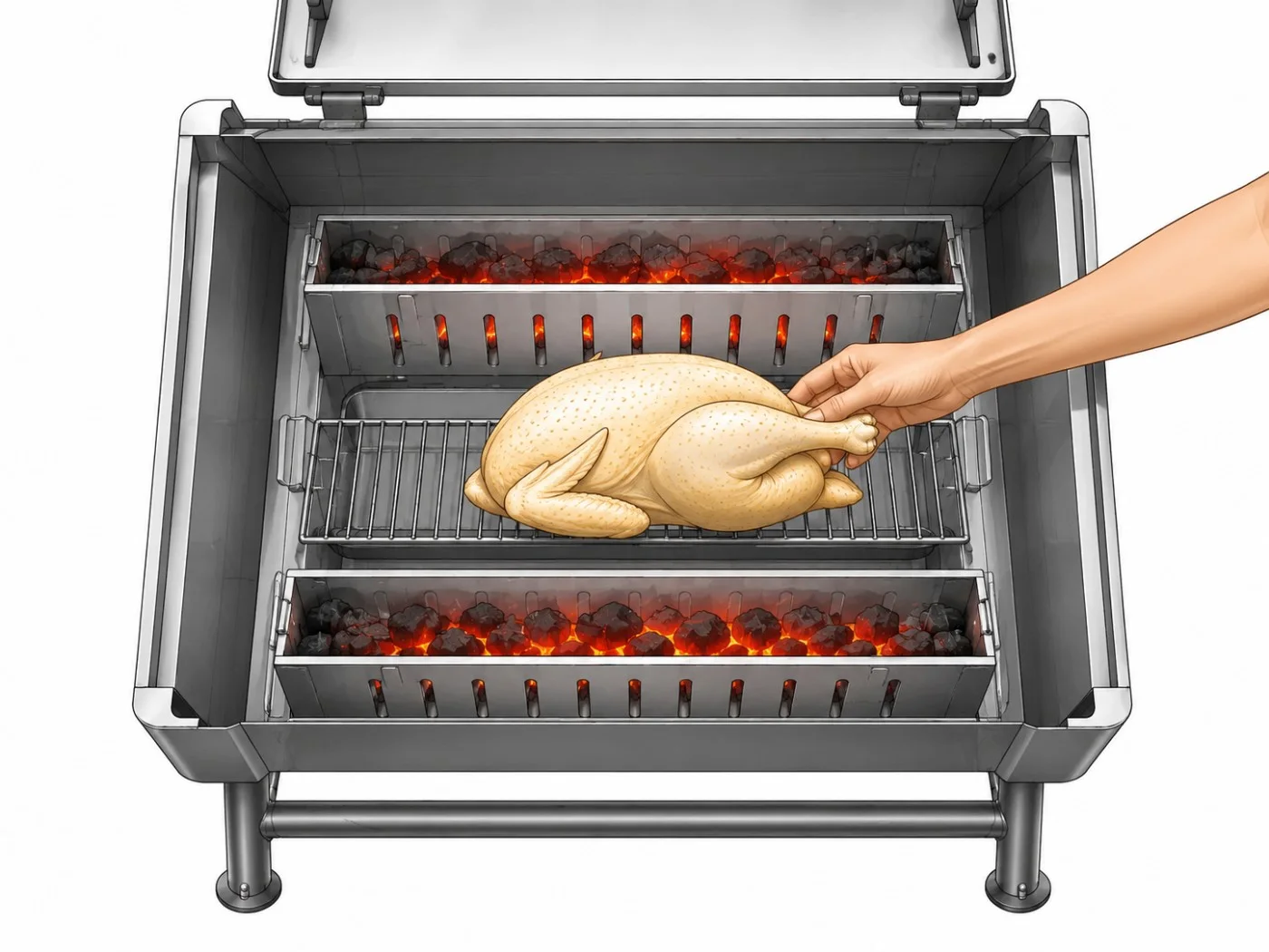 Gà nguyên con đặt trên vỉ chính giữa hai hộc than đỏ, khay hứng mỡ ở dưới