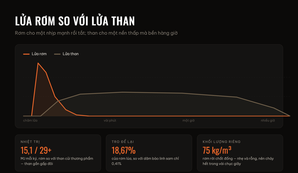 Nhịp cháy của lửa rơm so với lửa than