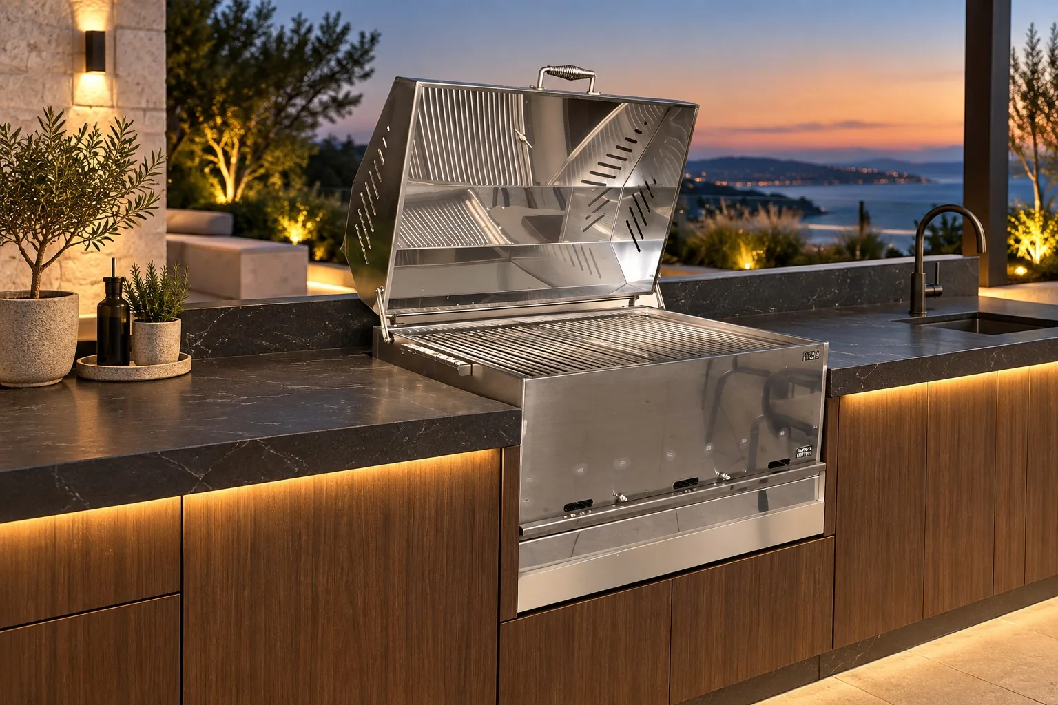 Phối cảnh lò 845 mở nắp trên đảo bếp BBQ đá tối lúc hoàng hôn