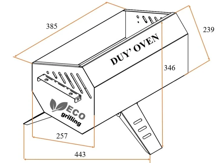 Bản vẽ kích thước lò EcoGrill: 443 × 257 × 346 mm, miệng lò 385 × 239 mm