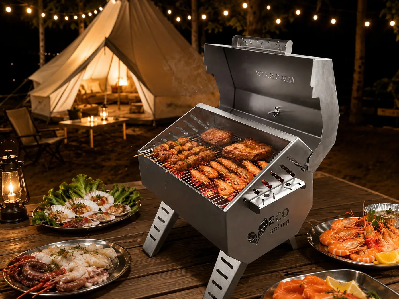 Lò Eco Inox ở khu glamping buổi tối