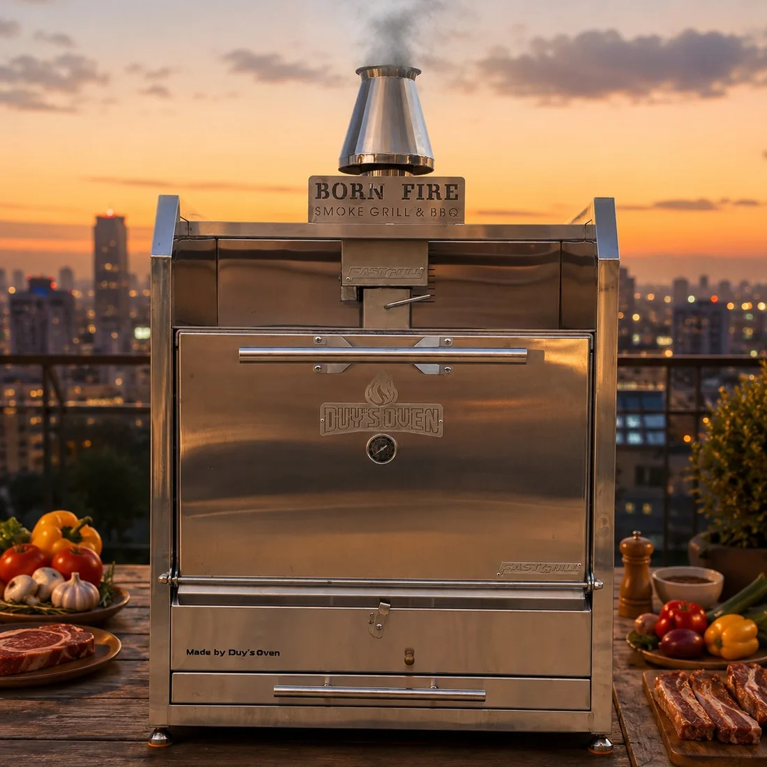 Lò FastGrill Compact trên bàn gỗ sân thượng căn hộ lúc hoàng hôn