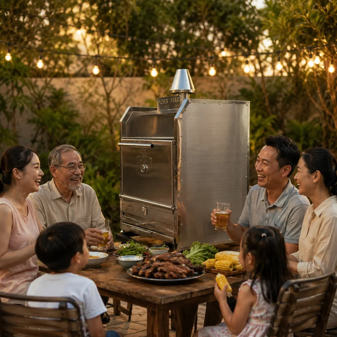 Lò FastGrill Compact trên bàn tiệc sân vườn, gia đình quây quần