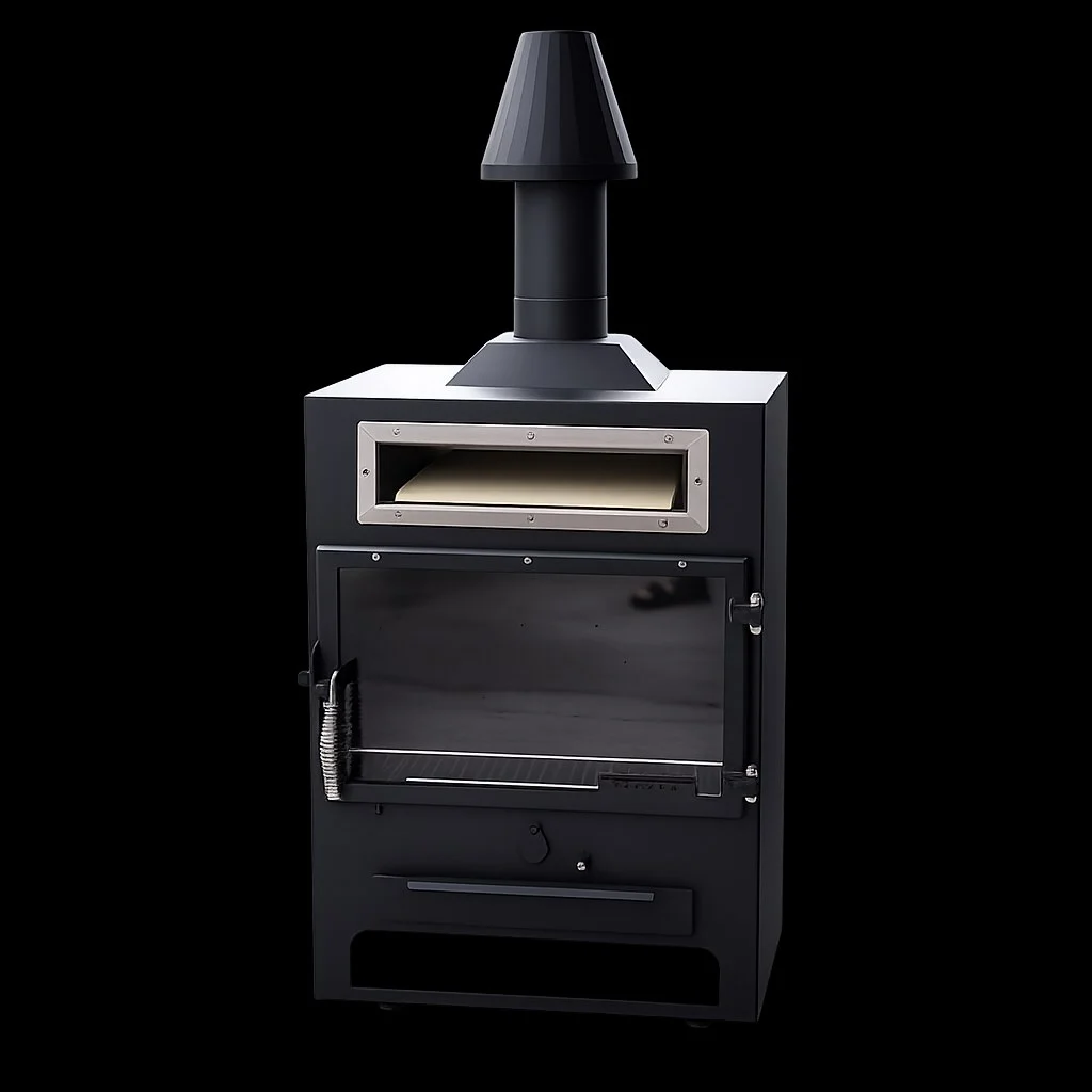 Lò sưởi đốt củi nướng pizza Duy's Oven — thép đen, cửa kính ngắm lửa