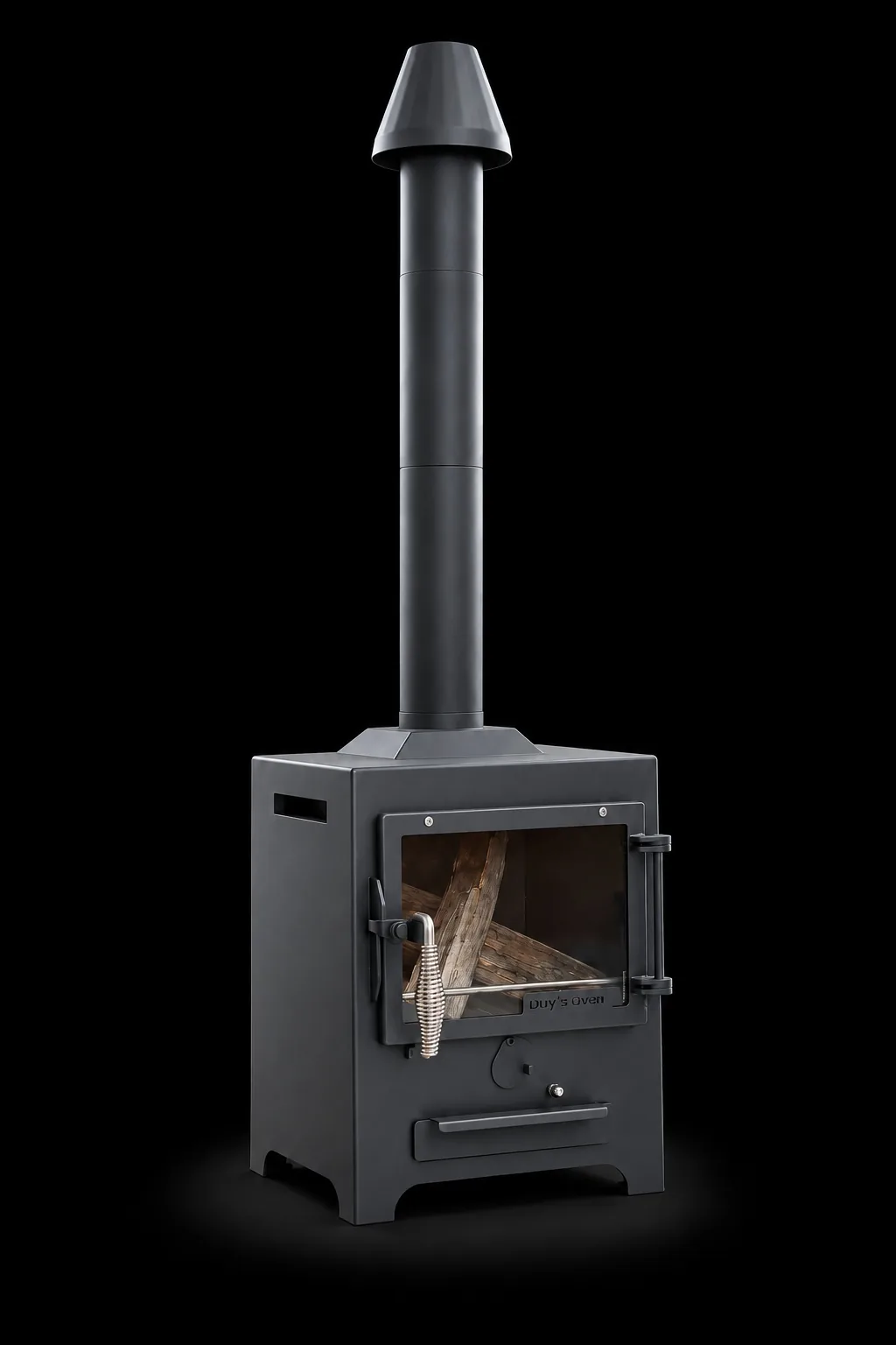 Lò sưởi củi FirePlace Compact Duy's Oven, thân vuông sơn đen, cửa kính và ống khói chóp nón