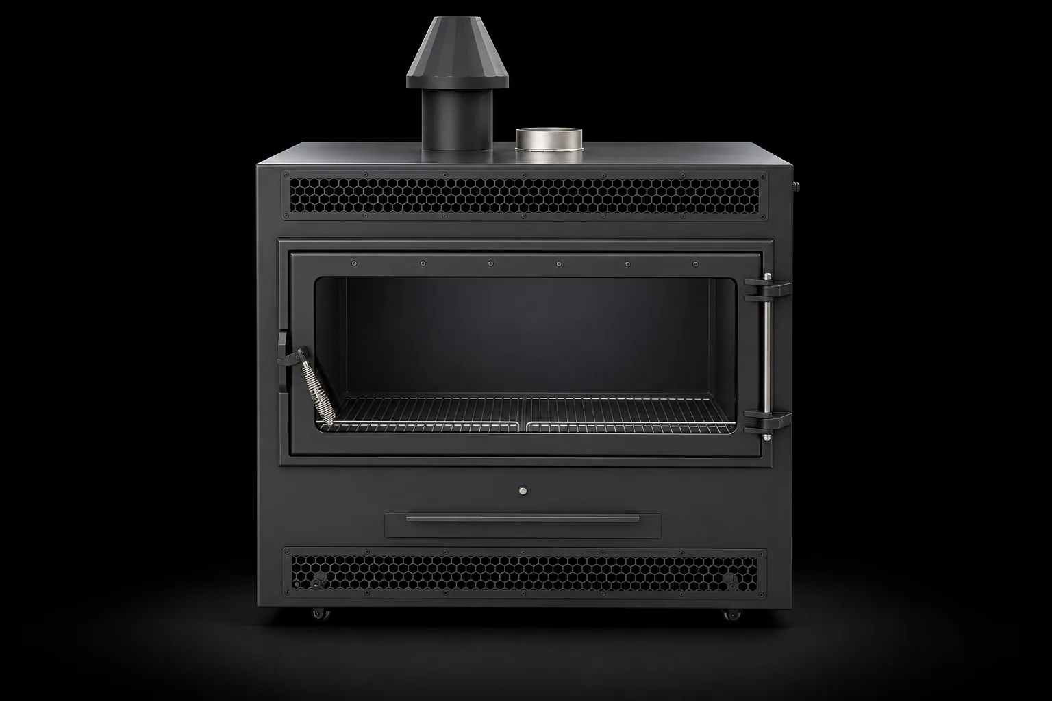 Lò sưởi đối lưu FirePlace Max Flow Duy's Oven nhìn chính diện, cửa kính rộng, lưới tổ ong trên và dưới, ống khói chóp nón