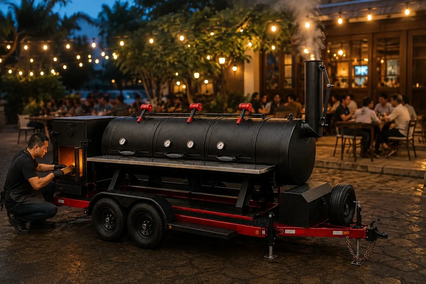 Offset 750 Gallon chạy ở sân quán BBQ lúc chạng vạng, người đứng bếp châm củi vào buồng đốt