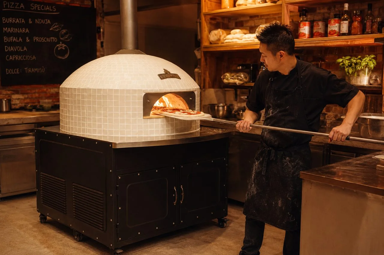 Đầu bếp đưa pizza vào lò trong bếp nhà hàng