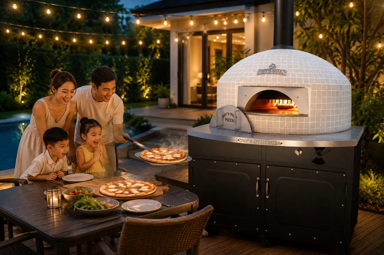 Lò pizza ở sân vườn biệt thự buổi tối